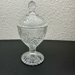 Vintage Candy Lidded Glass Compote Cover Dish Grape/Vines Sugar Bowl On Foot.